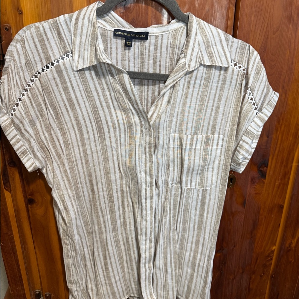Adrienne Vittadini Men's Casual Beige Striped Shirt